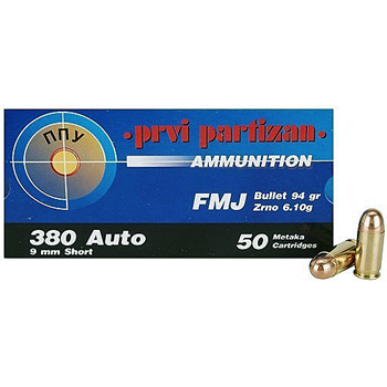 380 Auto [ACP] 94gr FMJ PPU Ammo | 50 Round Box