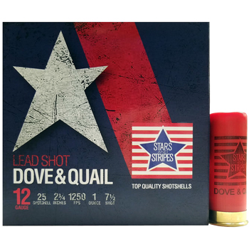 12 GA 2-3/4" Lead Shot Dove & Quail #7-1/2 Bird Shot (1oz) Stars and Stripes Ammo | 250 Round Case