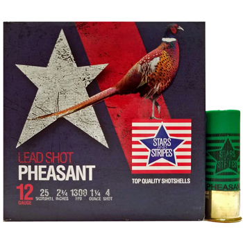 12 GA 2-3/4" Lead Shot Pheasant #4 Bird Shot (1-1/4oz) Stars and Stripes Ammo | 25 Round Box