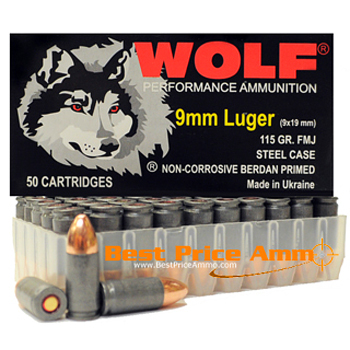 9mm Luger [9x19mm] 115gr FMJ Wolf Performance Ammo | 50 Round Box